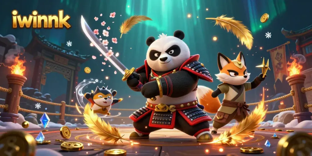 Experience thrilling action at iwinnk with a samurai panda and ninja fox amidst vibrant casino elements.