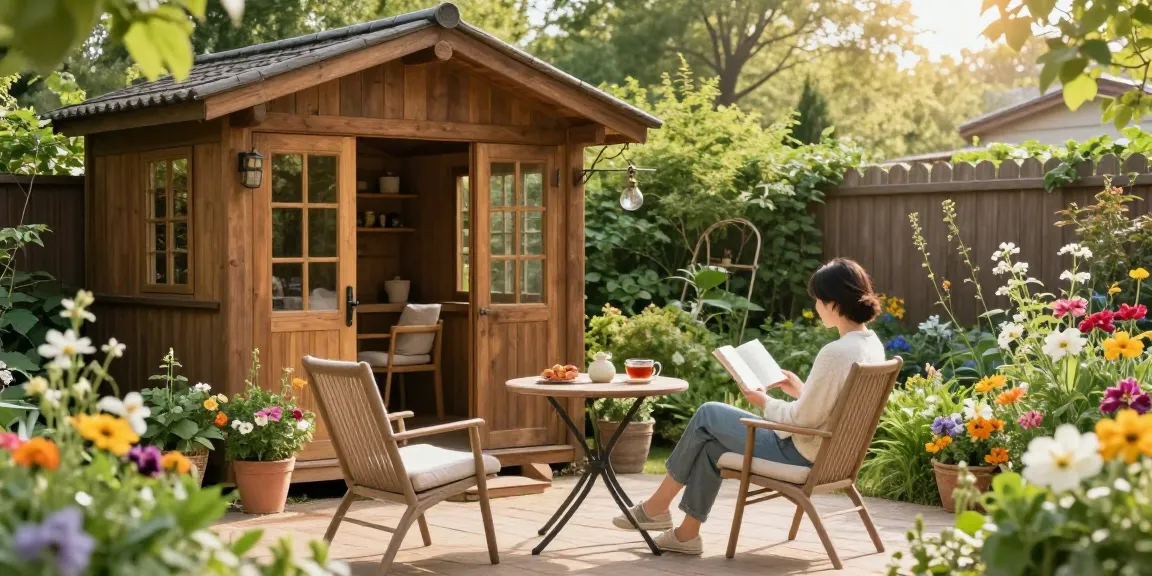 Modernes Gartenhaus Holz umgeben von bunten Blumen und entspannten Möbeln im Garten.