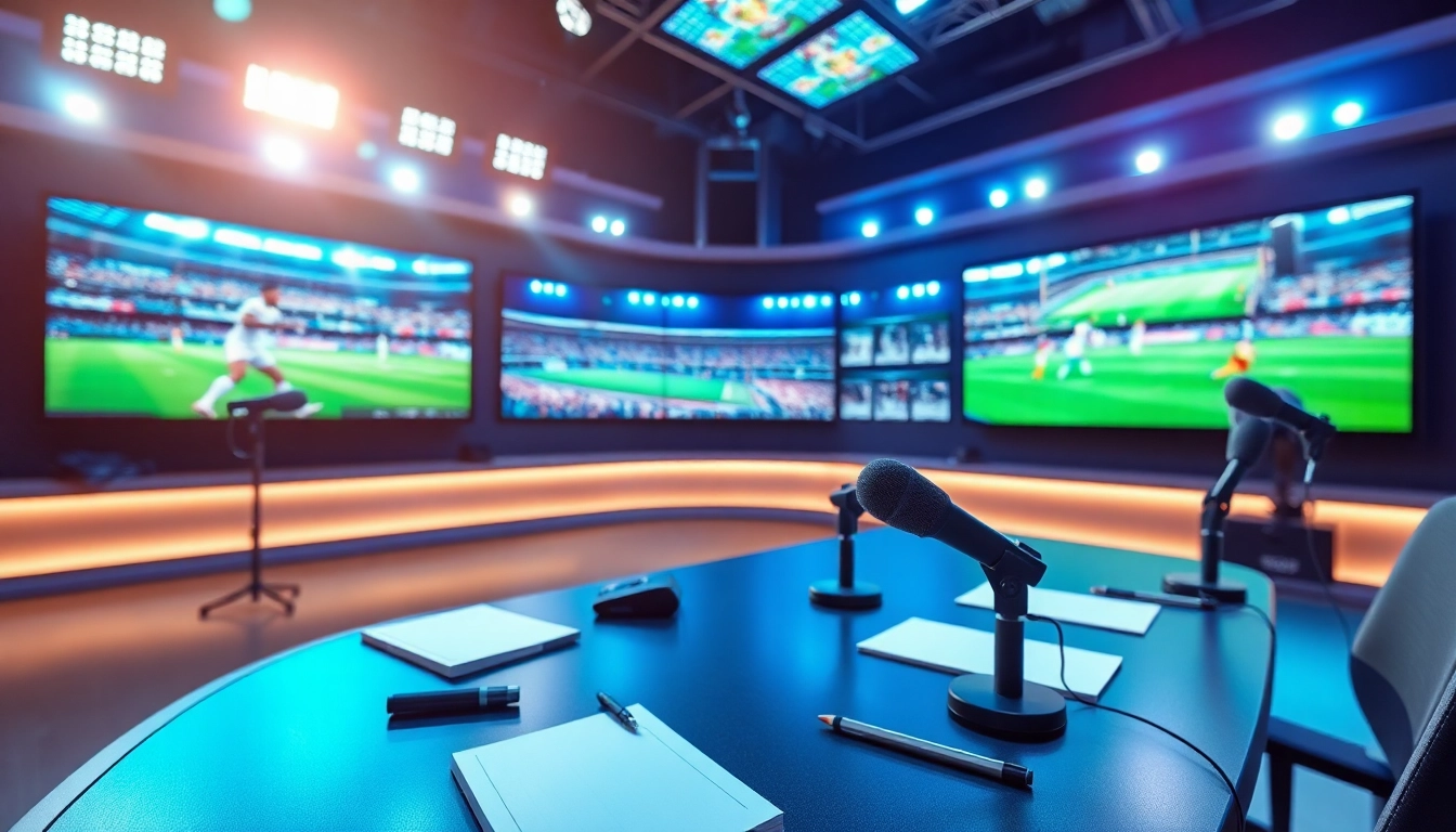Engaging scene of sports broadcasting studio showcasing live events with vibrant lighting and professional setup.