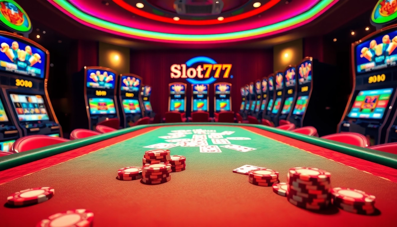 Play exciting Slot777 games at a luxurious casino table surrounded by vibrant slot machines and colorful casino chips.