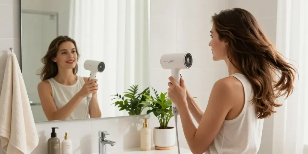 Woman drying her hair with Laifen Mini haartrockner in a stylish bathroom.