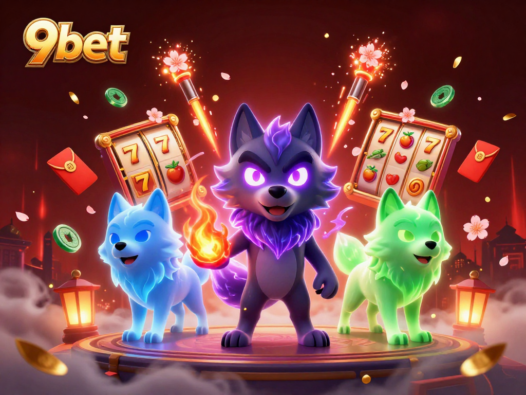 Experience exciting wins at 9bet with vibrant 3D casino illustration, showcasing slot reels and lively characters.