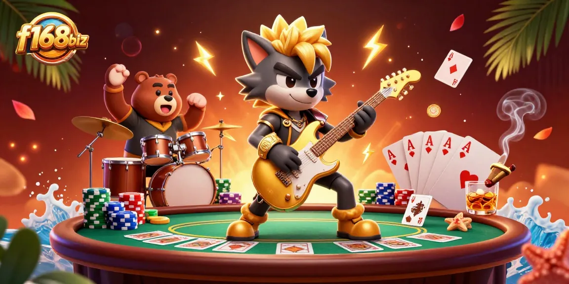 Experience thrilling poker action at f168biz with a rock star wolf and drummer bear in a dynamic casino scene.