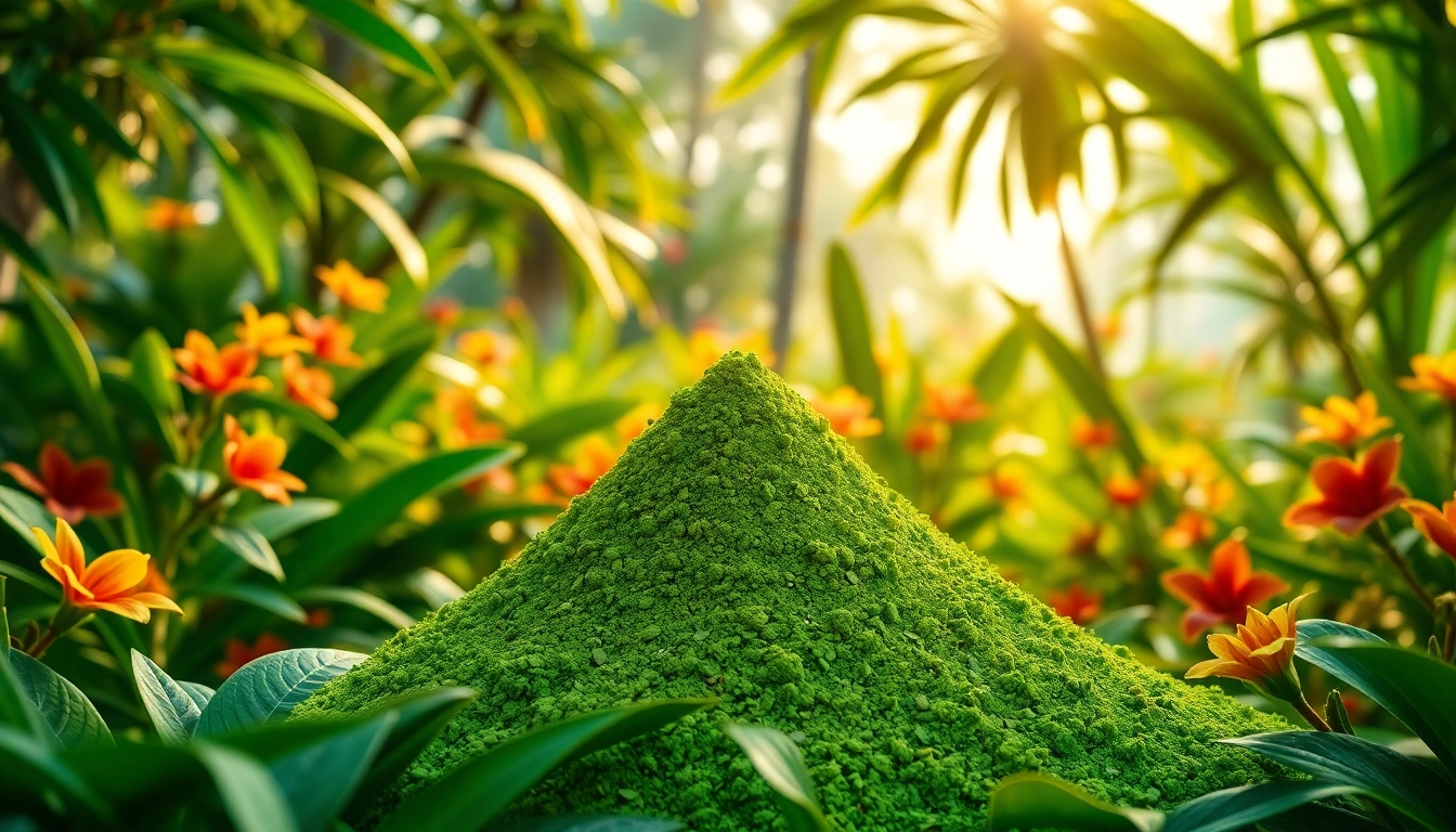 Genießen Sie das hochwertige Kratompulver von https://www.kratombird.de, präsentiert in einer friedlichen, tropischen Dschungelszene, die Qualität und Nachhaltigkeit widerspiegelt.