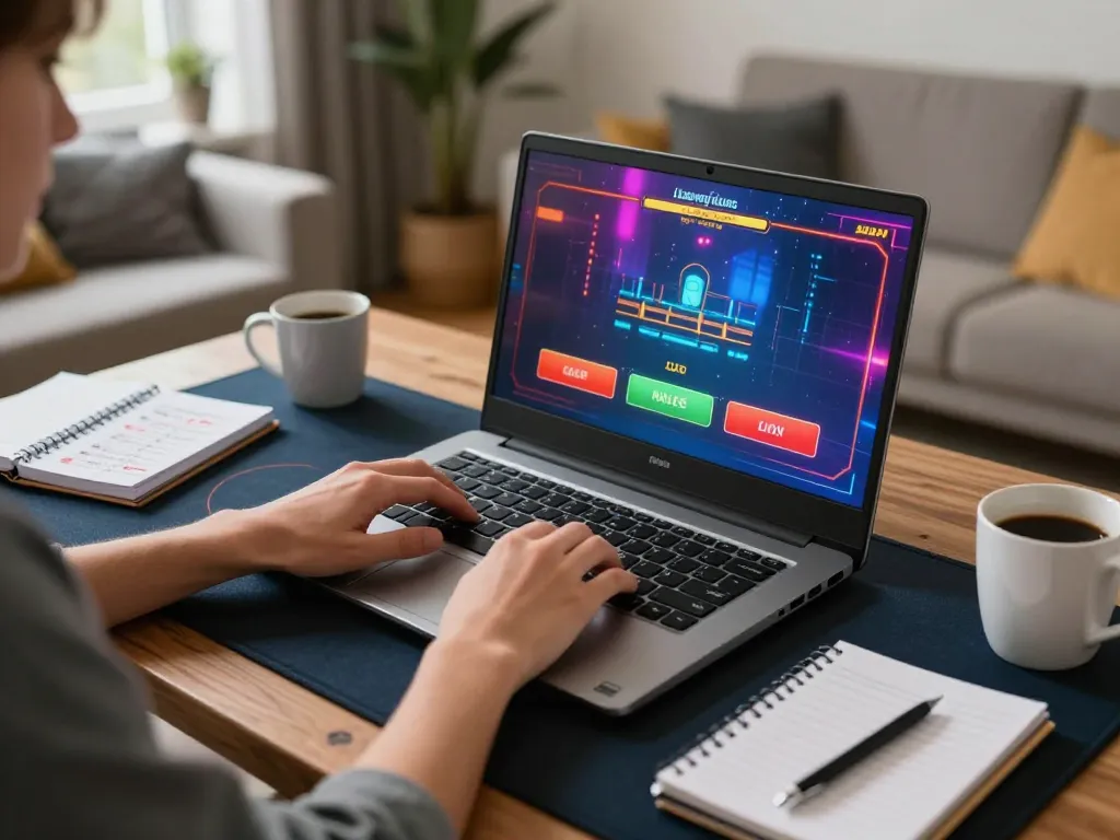 Engaged player navigating 78WIN online casino gaming on a laptop in a cozy home setting.