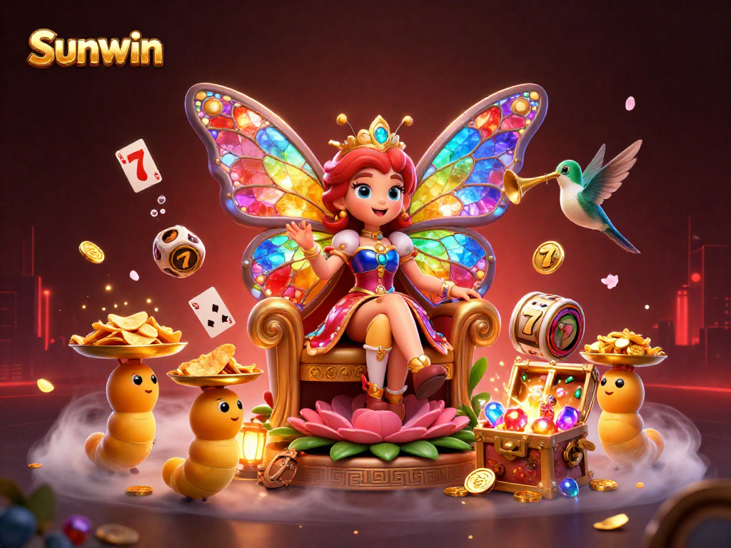 Experience thrilling slots action at Sunwin with a vibrant scene of a butterfly queen surrounded by casino allure.
