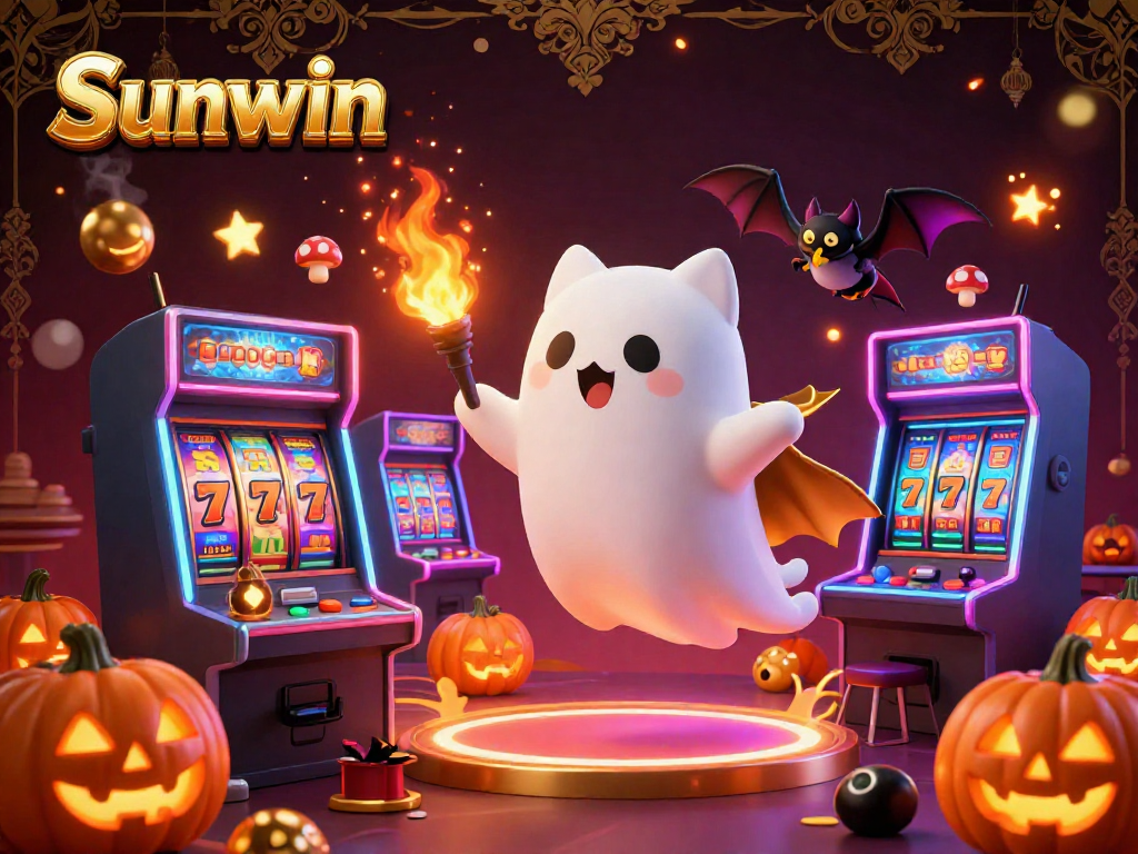 Experience thrilling gameplay at Sunwin with festive ghost cat and bat companions in a vibrant casino atmosphere.