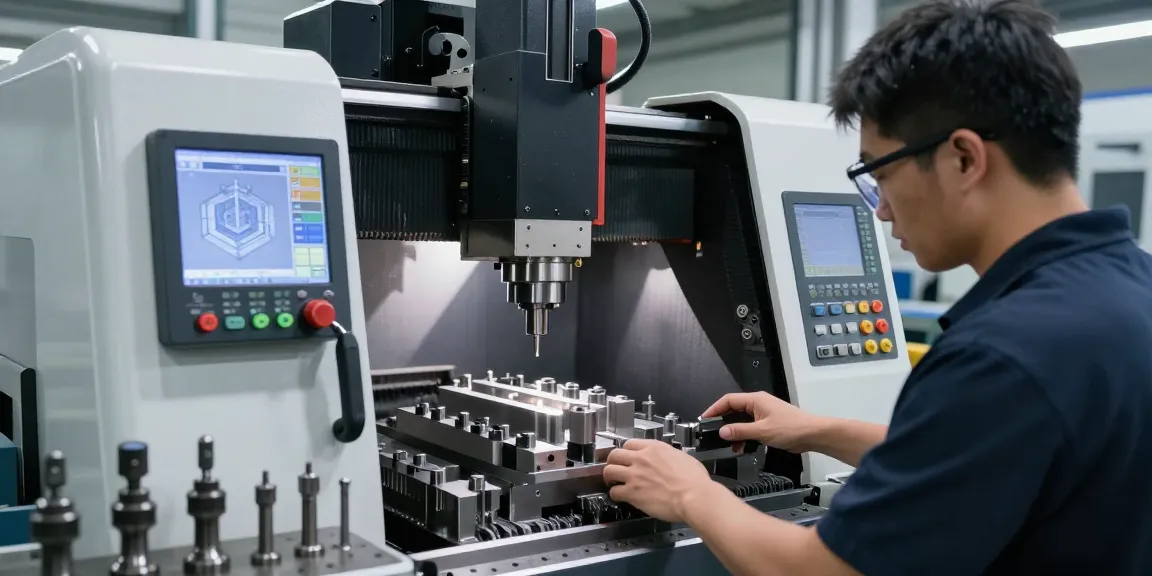 CNC-Bearbeitung in modernem Werkstattumfeld: Techniker programmiert Maschinen, um präzise Metallteile herzustellen.