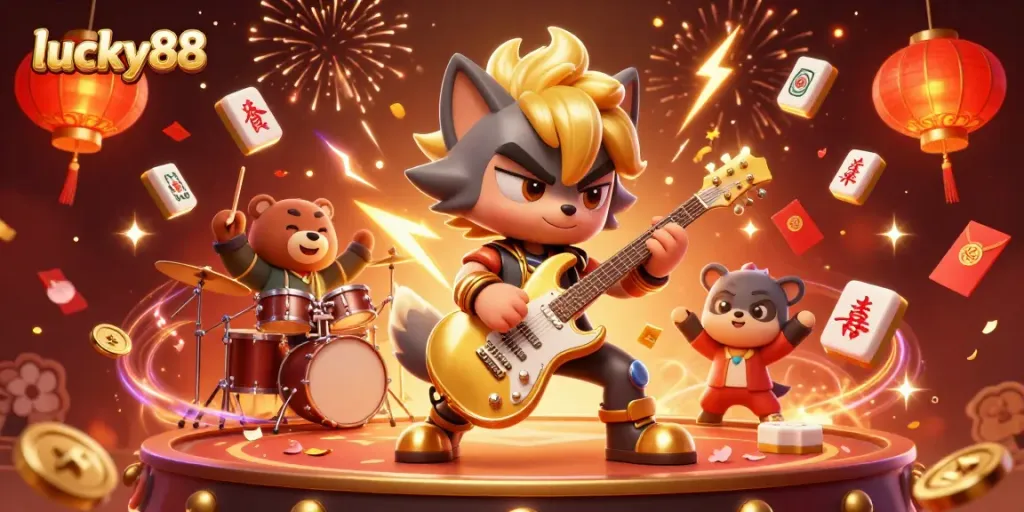 Experience thrilling gameplay at lucky88 with a 3D party vibe featuring a rocking wolf and energetic bear.