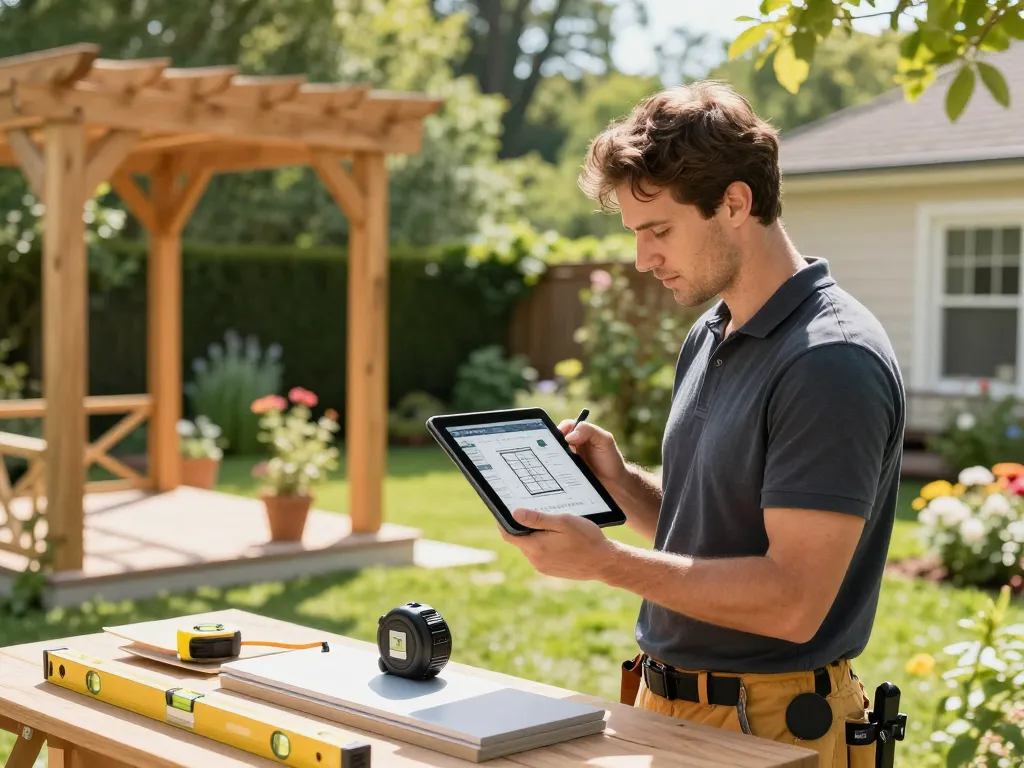 Software für Pergola-Installateure, die von einem professionellen Installateur in einem Garten verwendet wird, und Designwerkzeuge sowie Materialien präsentiert.