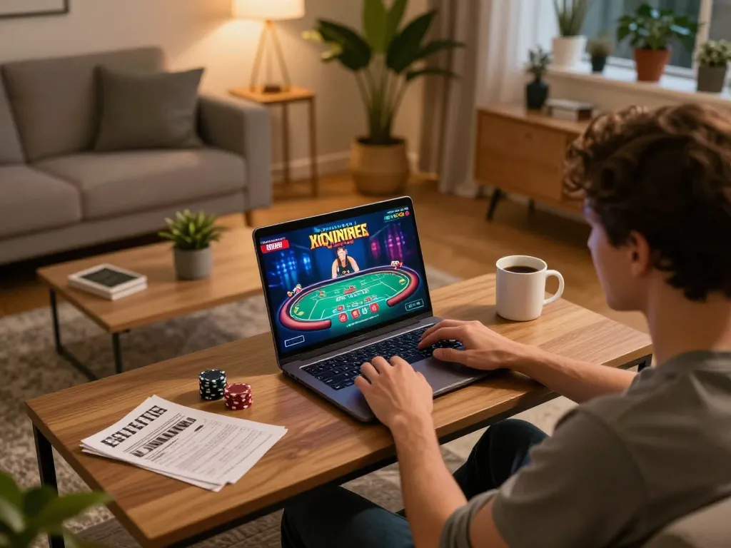 Engaging in online gaming with vào qq88 không bị chặn on a laptop, surrounded by a cozy home atmosphere.
