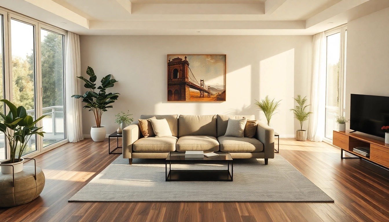 Moderne Raumgestaltung im Wohnzimmer mit hellen Farben und gemütlicher Couch.
