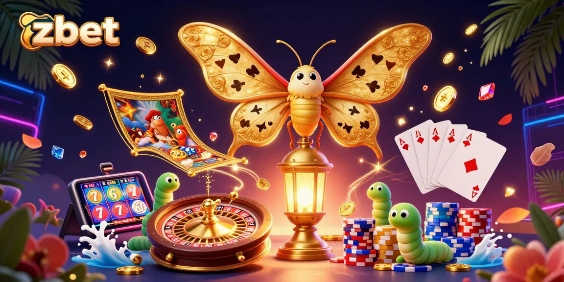 Experience thrilling gameplay at zbet with a vibrant scene of a casino moth and golden win symbols.