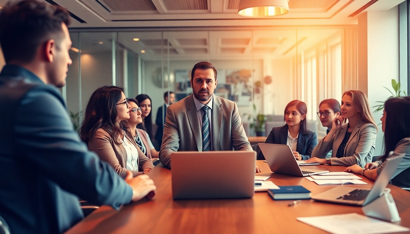 Headhunter CEO consulting with diverse candidates in a modern office.