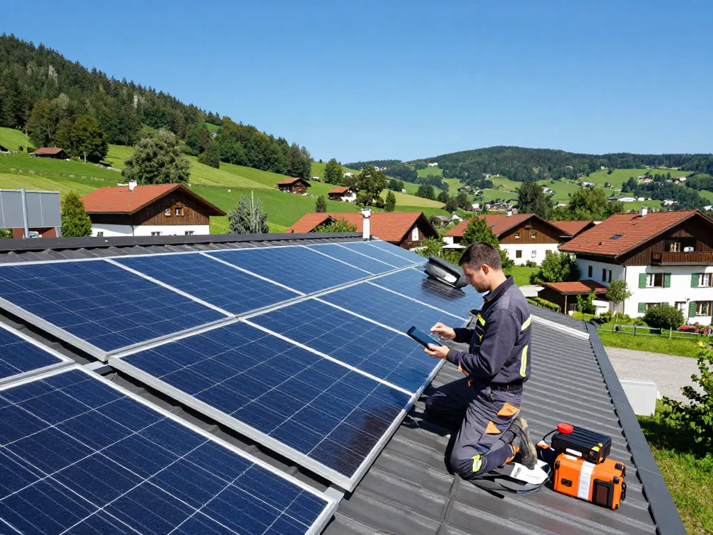 Techniker inspiziert Solarpaneele in Bayern und präsentiert Photovoltaik Bayern sowie Lösungen für erneuerbare Energien.