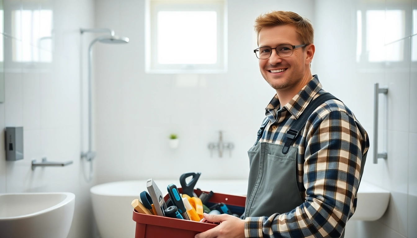 Professioneller Installateur notdienst bei der Arbeit in einem modernen Badezimmer.