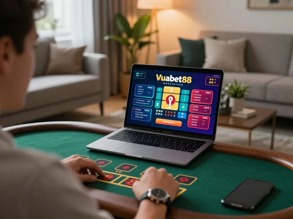 Placing bets on the Vuabet88i mobile app during an online blackjack session in a cozy living room.
