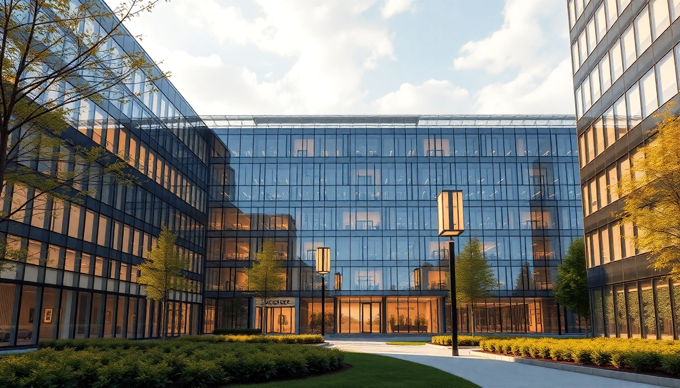 Architekturvisualisierung eines modernen Gebäudes, das durch lebendige Farben und Lichtakzente bestechen.