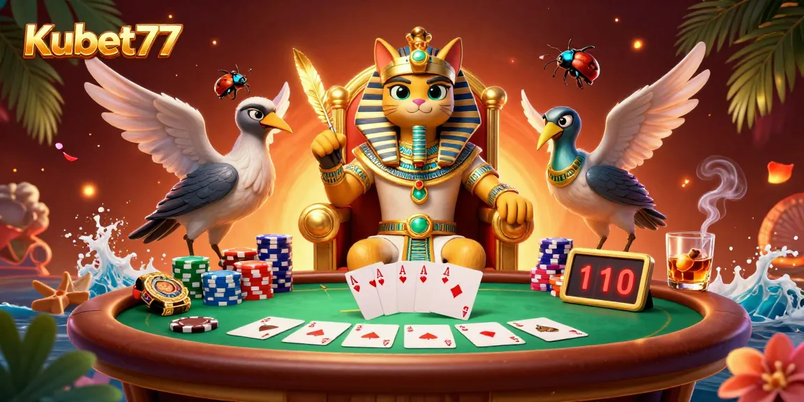 Kubet77 challenges players with a thrilling gambling scene featuring Egyptian pharaoh cat on a golden throne surrounded by poker elements.