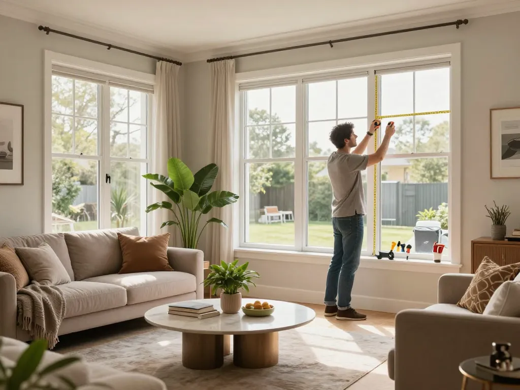 Hausbesitzer messen fenster schüco Fenster in einem hellen Wohnzimmer mit modernem Dekor.