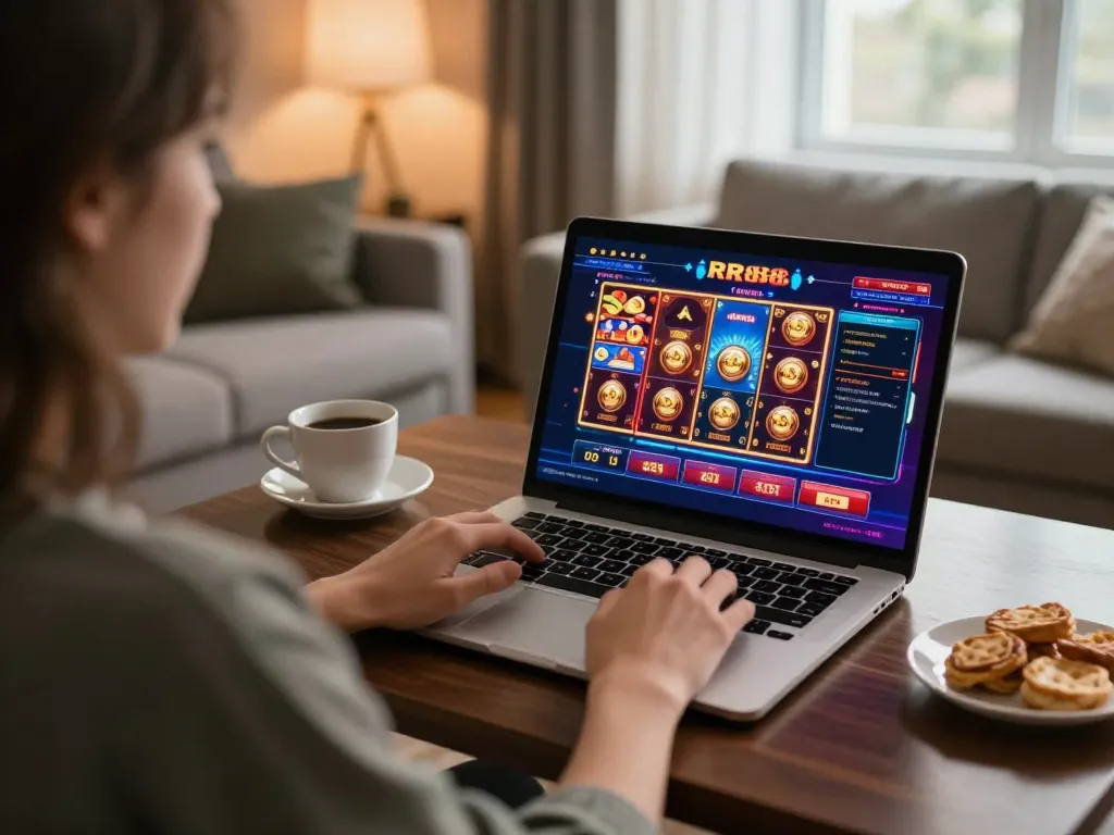 Engaging in an online RR88 gaming session with vibrant slots displayed on the laptop screen