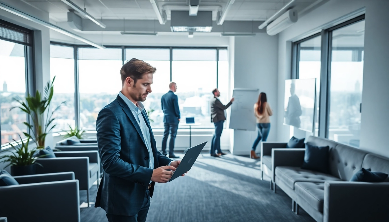 Headhunter Monchengladbach bei der Arbeit in einem modernen Büro, umgeben von einem engagierten Team, symbolisiert Professionalität und Zusammenarbeit.