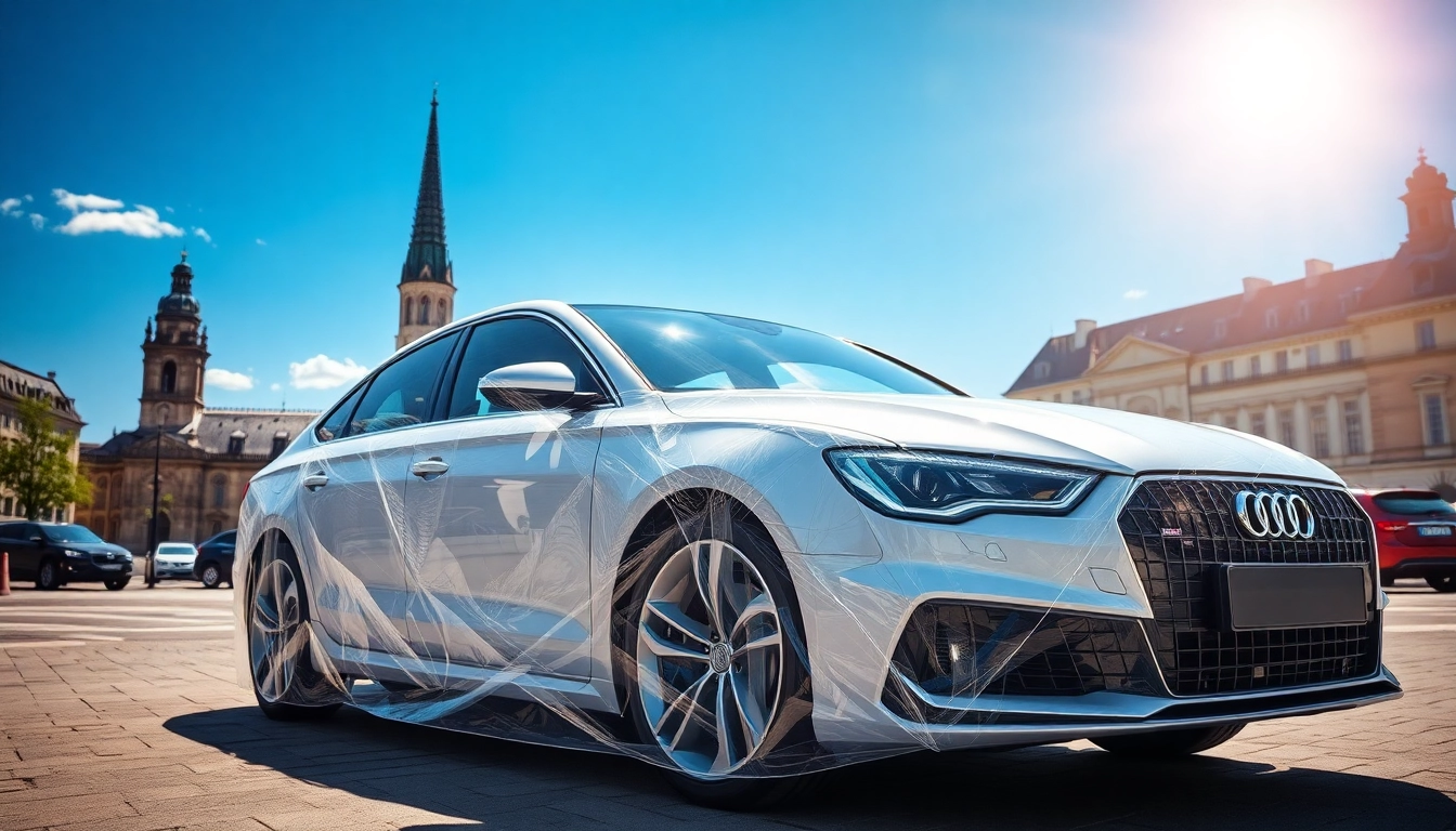Lackschutzfolie München schützt ein modernes Auto in einer Münchner Stadtlandschaft.