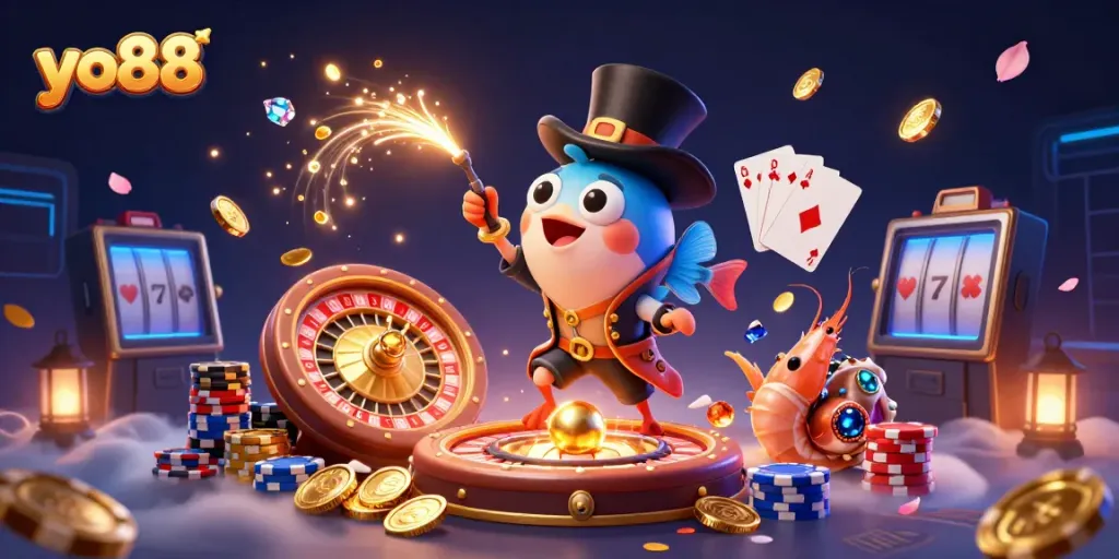 Experience the thrilling world of yo88 with an illustrated anglerfish, treasure snail, and shrimp amidst dynamic casino elements.