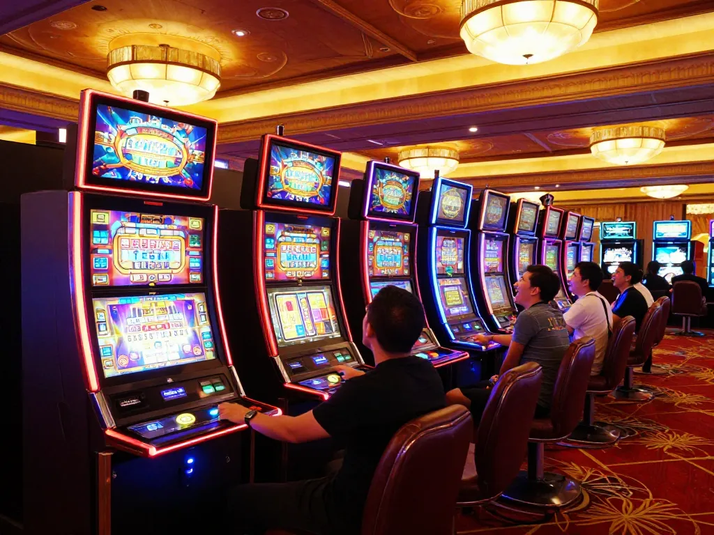 Players enjoying vibrant slot machines at a casino, showcasing engaging gameplay with aud77 elements.