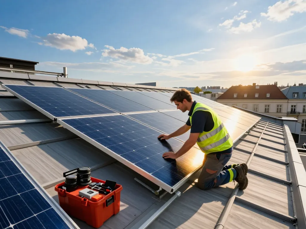Techniker installiert Solarpanels in Solar Wien und präsentiert nachhaltige Energielösungen.