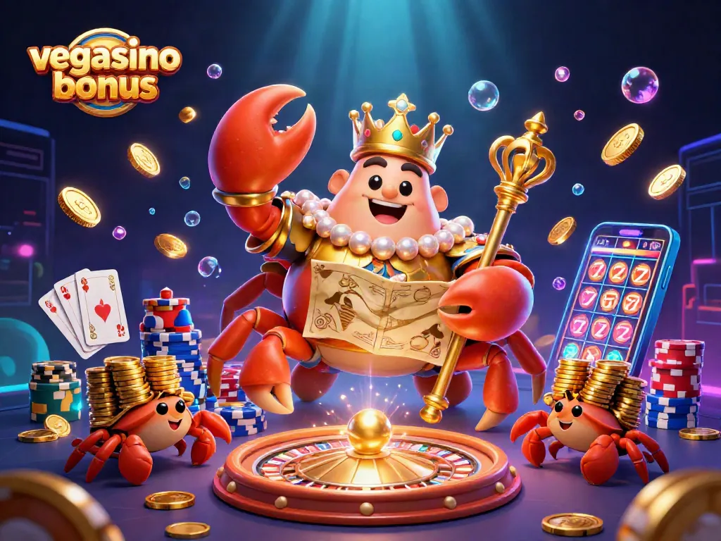 Engage with the Vegasino bonus featuring a golden crab emperor and dynamic casino elements.