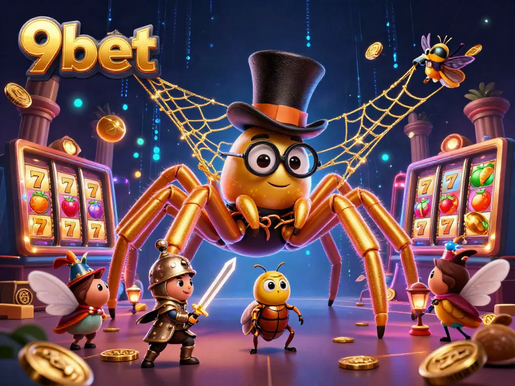 Engage with 9bet's thrilling casino experience through a vibrant 3D illustration filled with excitement.