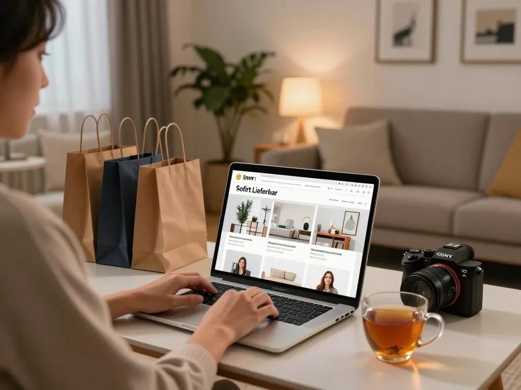 Eine gemütliche Abend-E-Commerce-Szene, die eine Person zeigt, die 'Sofort Lieferbar'-Produkte auf einem Laptop in einem stilvollen Wohnzimmer durchsieht.