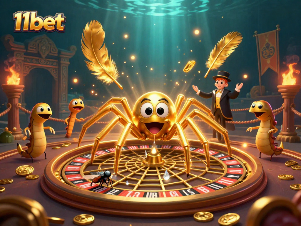 Experience the thrill of 11bet gaming with a golden spider, roulette wheel, and croupier in action.