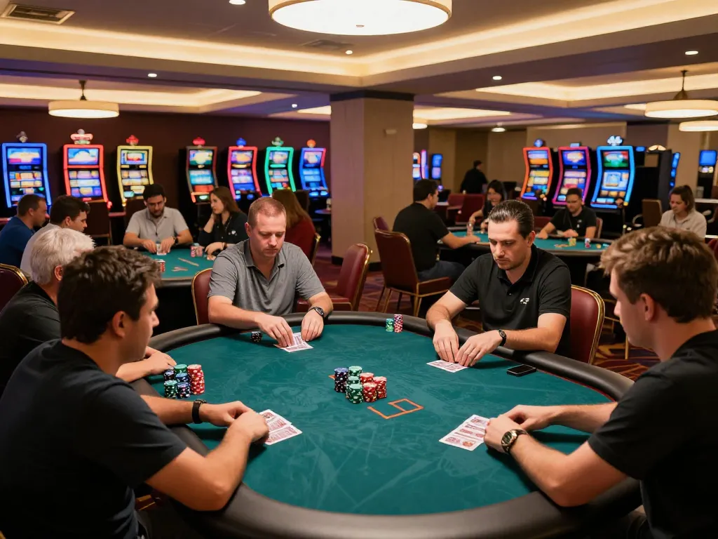 Players competing in a high-stakes poker game at bet 88 casino with vibrant atmosphere