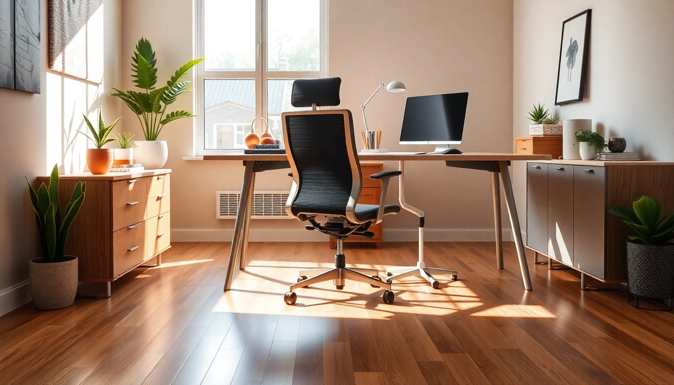Modern Büromöbel setup with ergonomic desk and chair, exuding productivity and style.