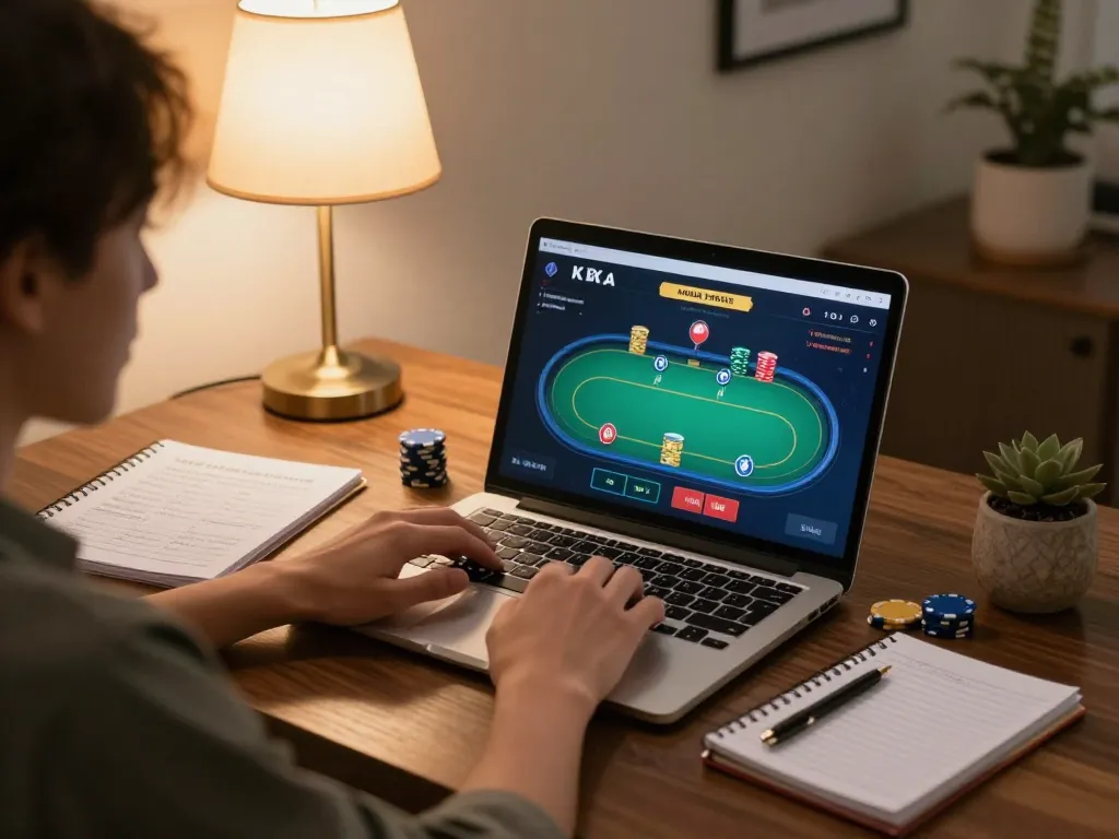 RR88 player strategizing online poker game in a cozy home environment.