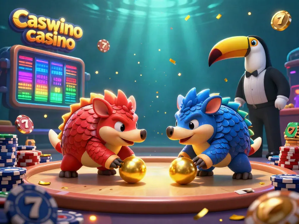 Experience the excitement of Caswino casino with vibrant pangolin characters rolling into golden balls in this spectacular 3D illustration.
