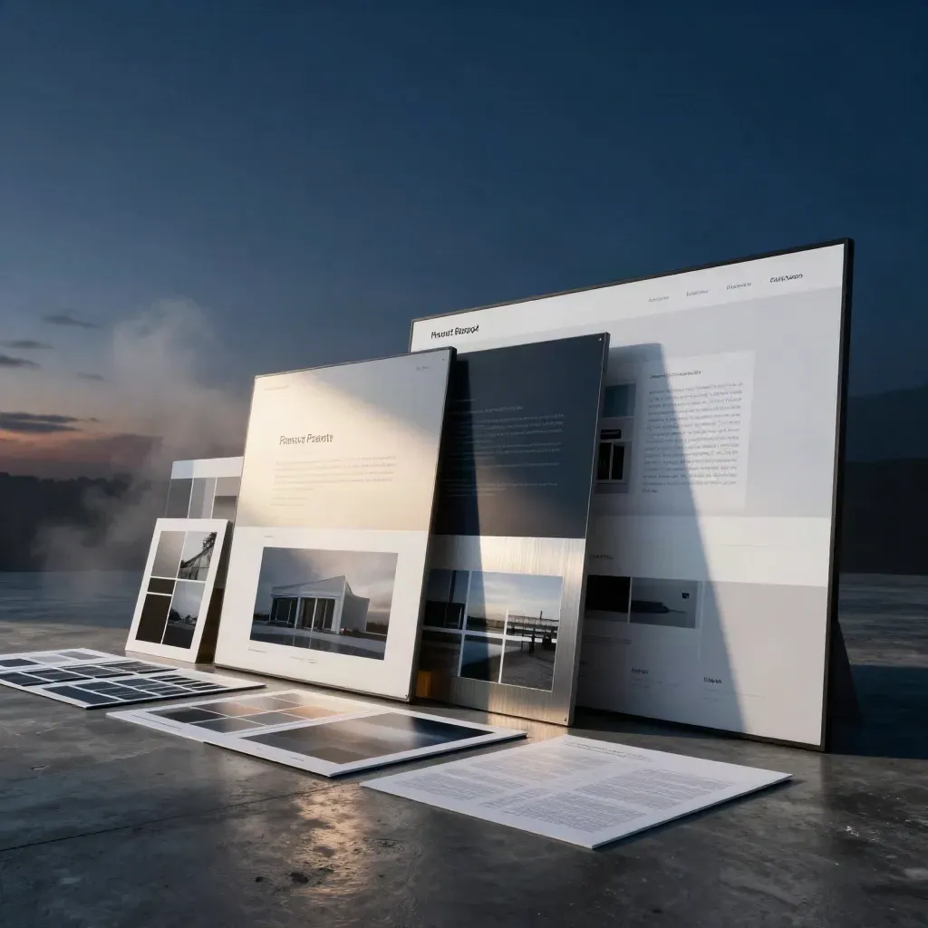 Dunkles Studio mit Website-Mockups und Markenboards im blauen Abendlicht.