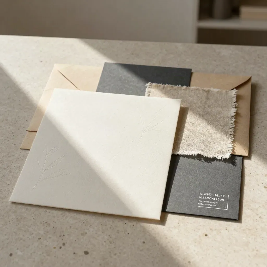 Overhead einer Markenwelt aus Prägepapier, Stoffmustern und Farbchips auf Travertin.