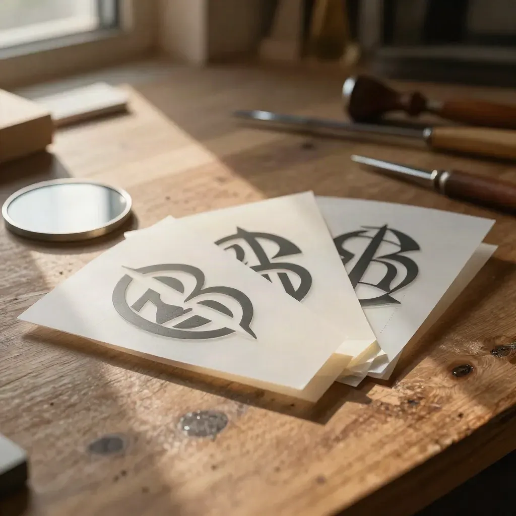 Drei Logo-Entwürfe aus Acryl und Transparentpapier auf warmem Holz im Seitenlicht.