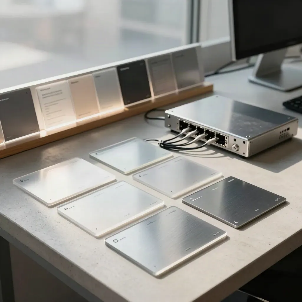 Layered Content-Karten, Monitorlicht und Kabel auf hellem Werkbench im Digitalstudio.