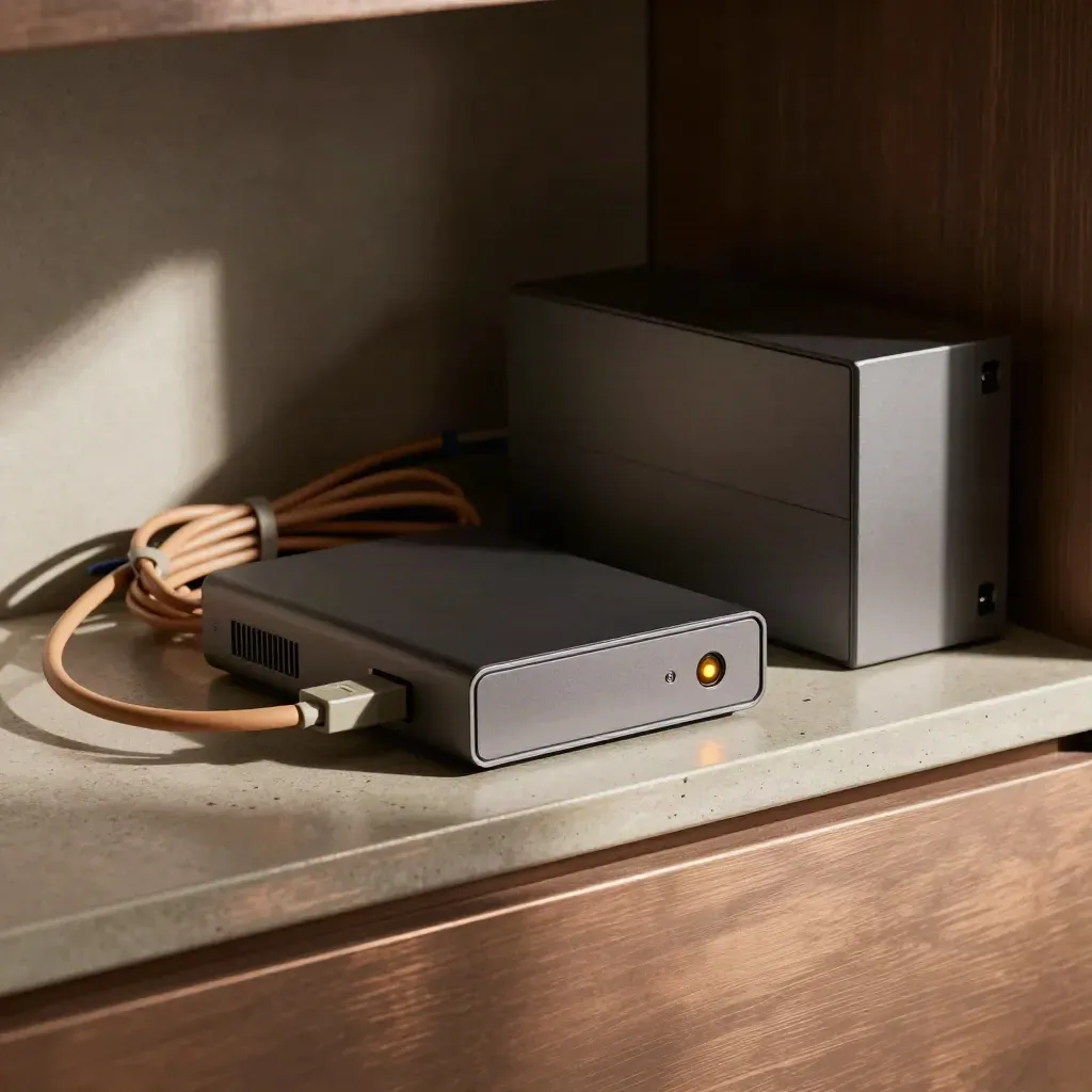 Serverregal mit Backup-Laufwerk, ordentlich verlegten Kabeln und Statuslicht im Lauf.