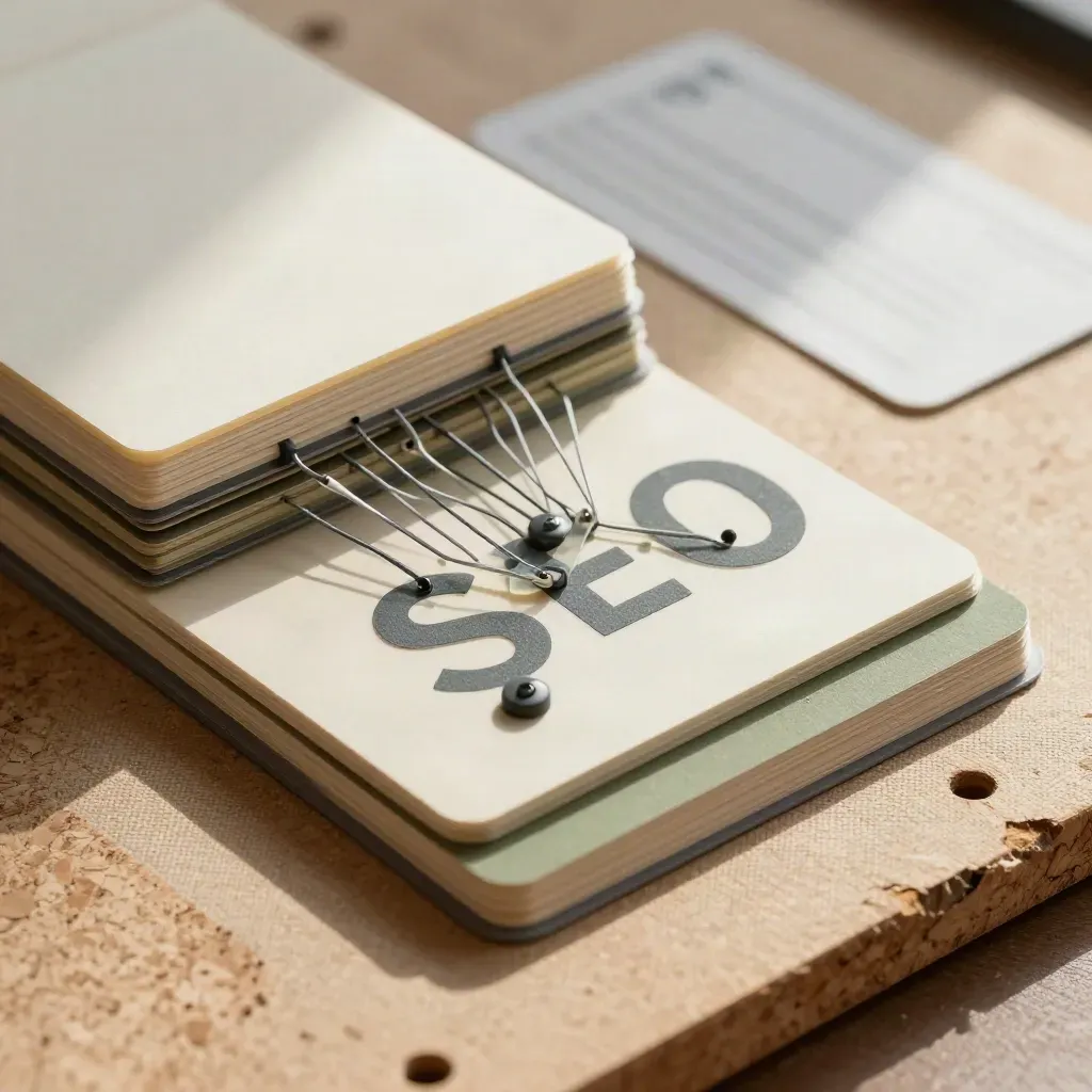 Makro von SEO-Architekturkarten mit Netzstruktur und Marker-Tabs auf Kork.