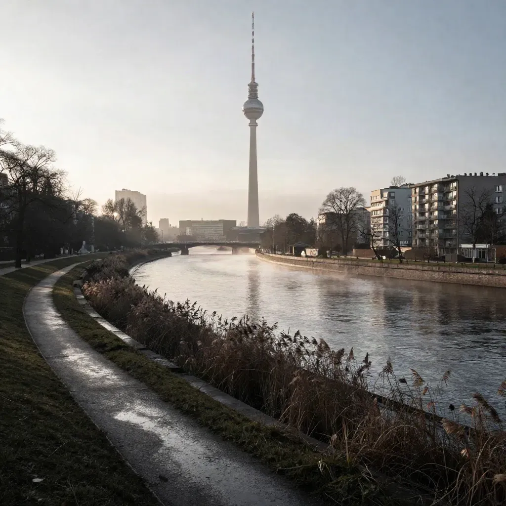 Berliner Fernsehturm über der Spree im blauen Dämmerlicht, unten ruhiges nasses Parkland.