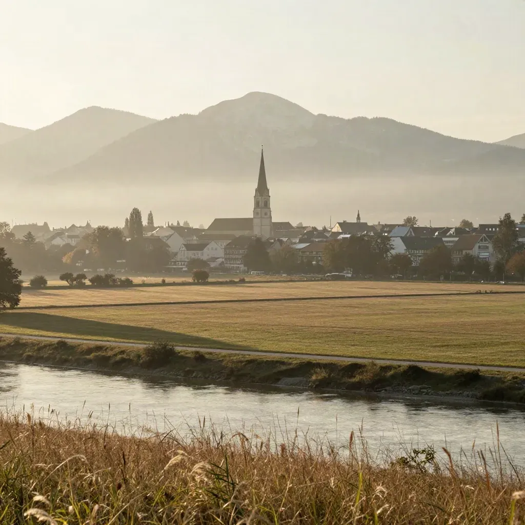 München mit Kirchturm, Isarauen und Alpenfoothills im warmen Abenddunst.