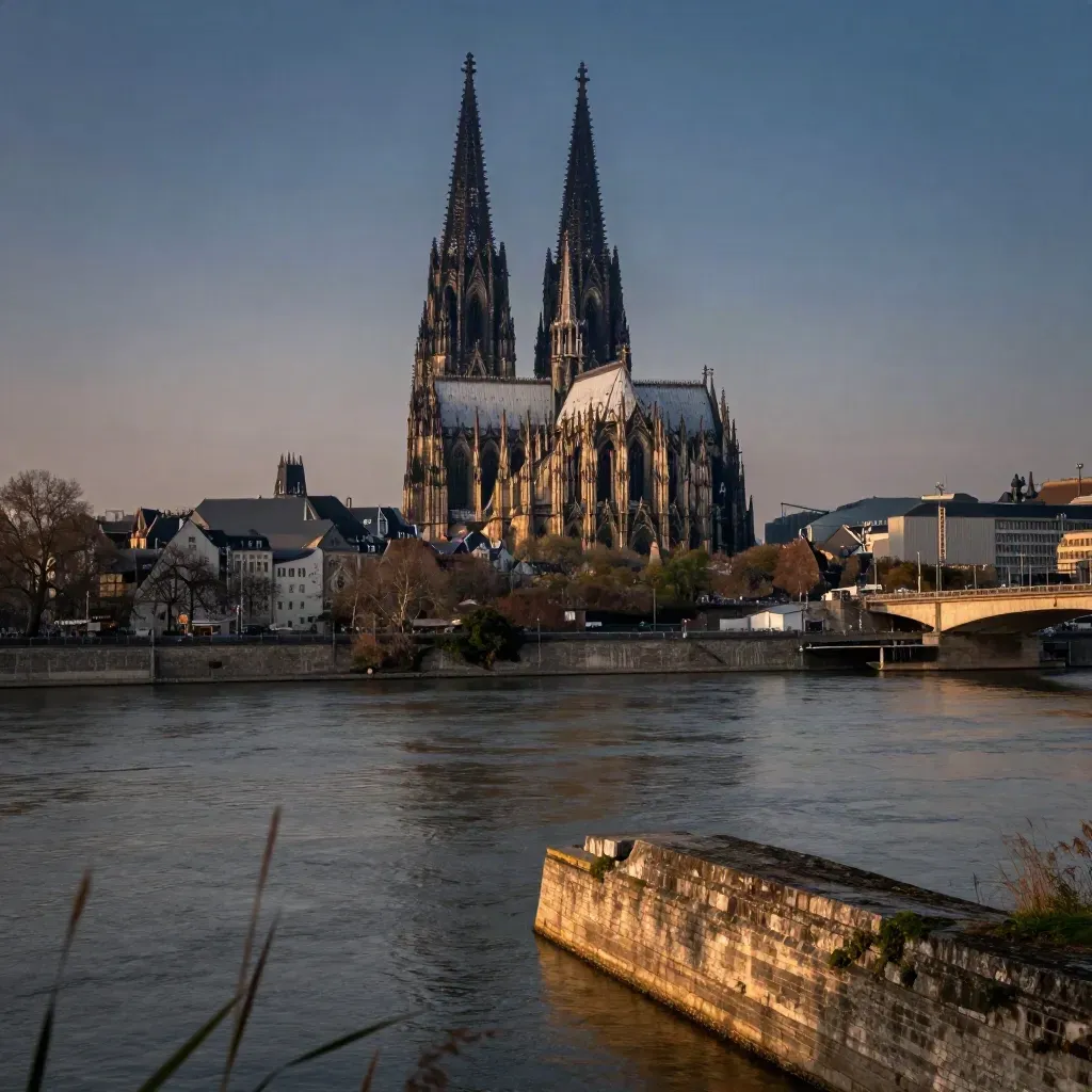 Kölner Dom und Rhein bei Abenddunst, mit ruhigem Uferstreifen im Vordergrund.