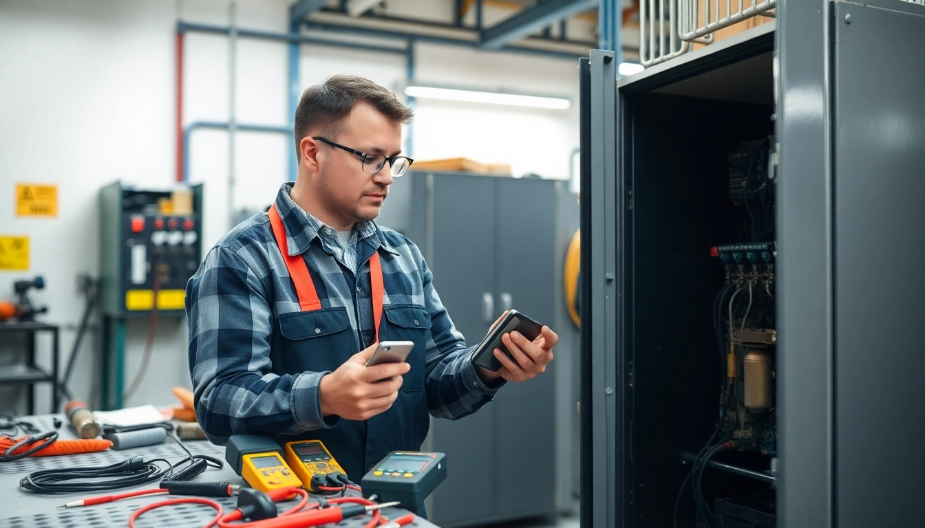 Conducting a DGUV V3 Prüfung with precision, as a technician checks electrical equipment safety standards.