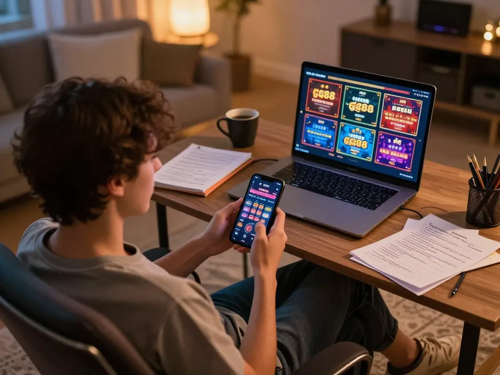 Person engaged with the gg88 casino app on smartphone, showcasing online gaming setup in a warm and inviting atmosphere.