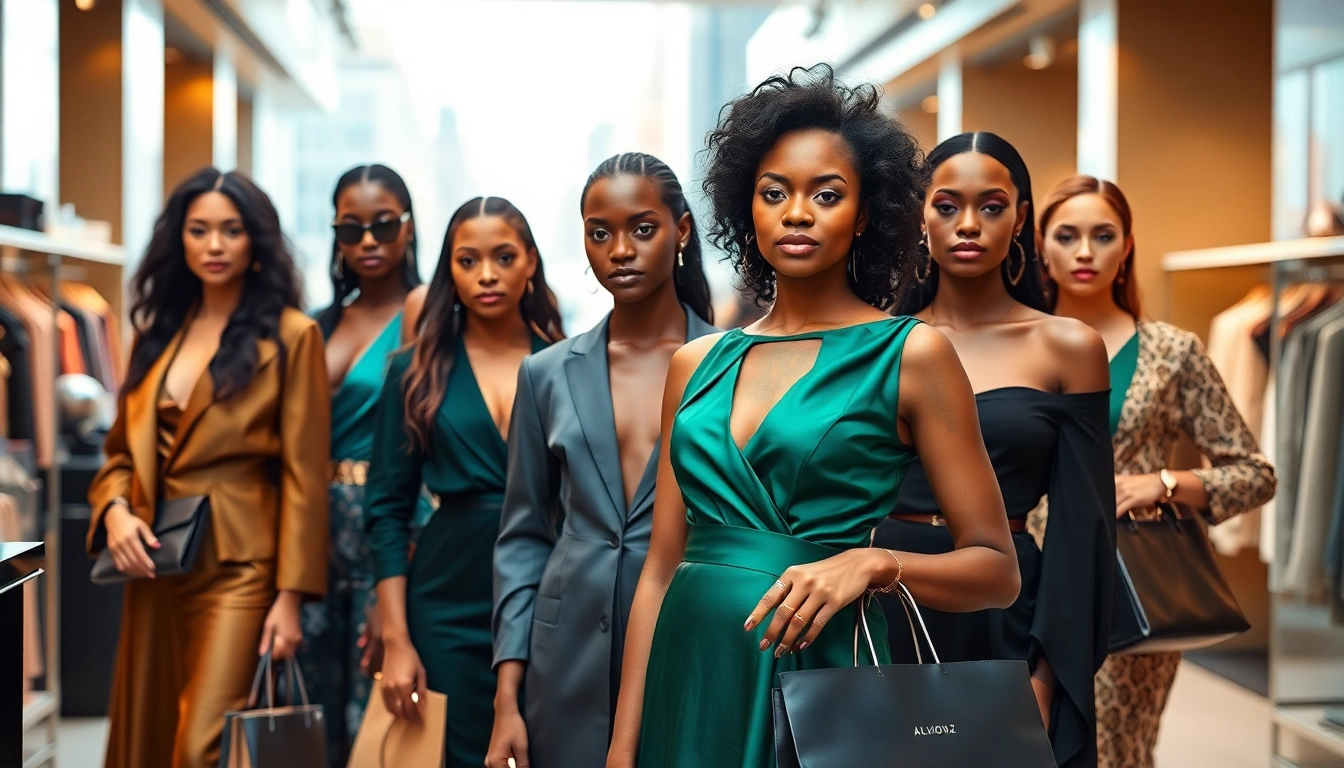 Models showcasing Alvionz luxury fashion collection in a stylish boutique.